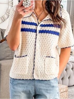 Cream and Navy open weave with detailed collar and pockets
